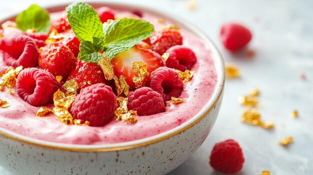 Pink Smoothie Bowl Topped with Strawberries Raspberries Mint and Gold Flakes