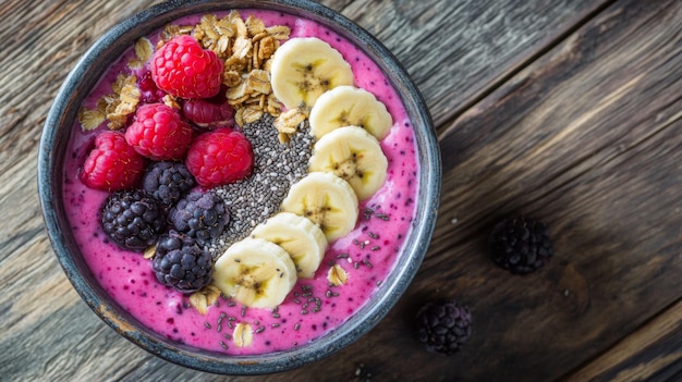 Pink Smoothie Bowl with Raspberries Banana Blackberries Chia Seeds and Granola