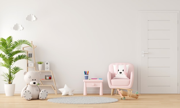 Pink sofa and table in child room interior with copy space