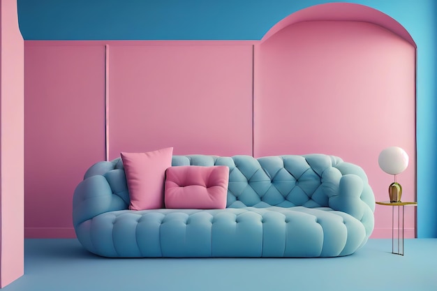 The pink sofa which has a white pillow is set in living room Generative Ai