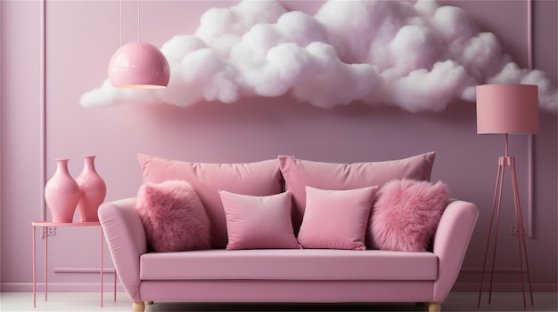 Pink sofa with pink pillows and a pink lamp