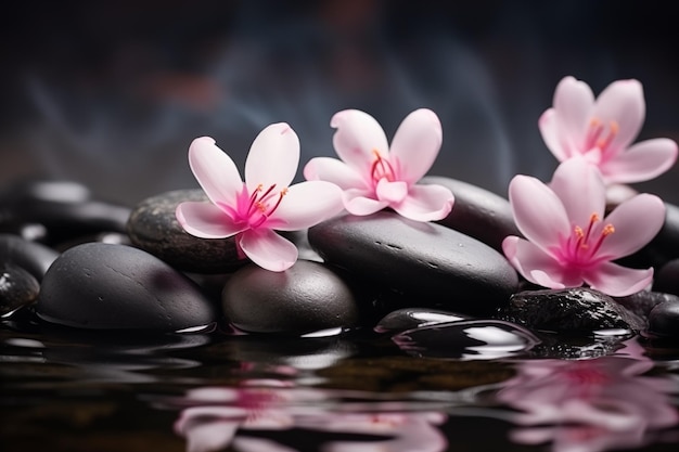 Pink spa flowers hot stones on water dark background