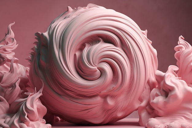 A pink sphere with a swirl of white paint and a large white sphere in the middle.