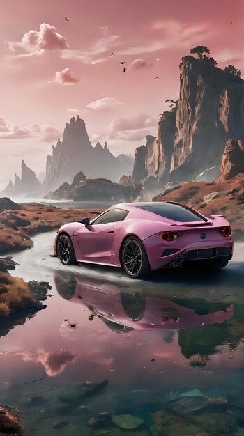 Photo a pink sports car driving through a desert landscape