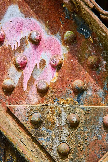 Pink spray paint on rusty and corroding iron metal rivets on bridge beam with yellow flecks