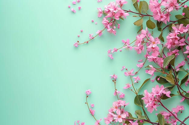 Photo pink spring flowers green background flat lay top view copy space