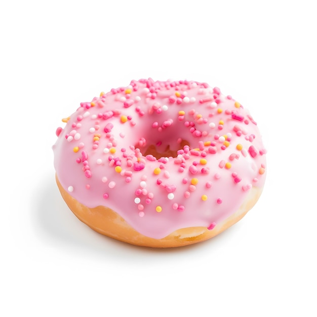 Pink and sprinkled doughnut isolated on a white background Generative AI