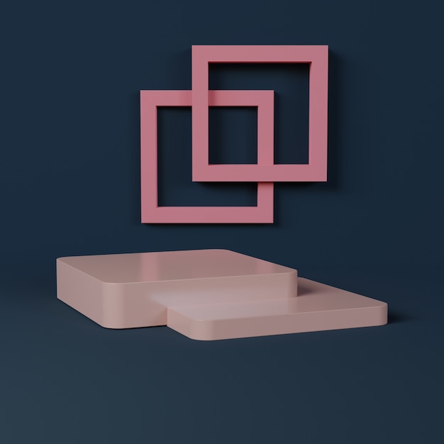 Pink square podium with minimalist shapes on a dark blue wall