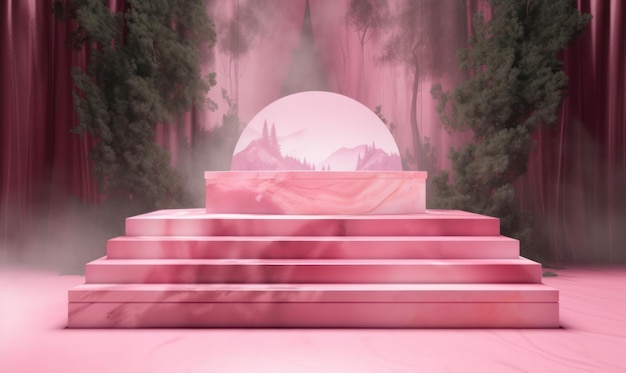 A pink stage with a white dome and a pink background with a mountain in the background.