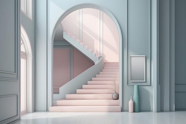 A pink staircase with a frame on the blue wall