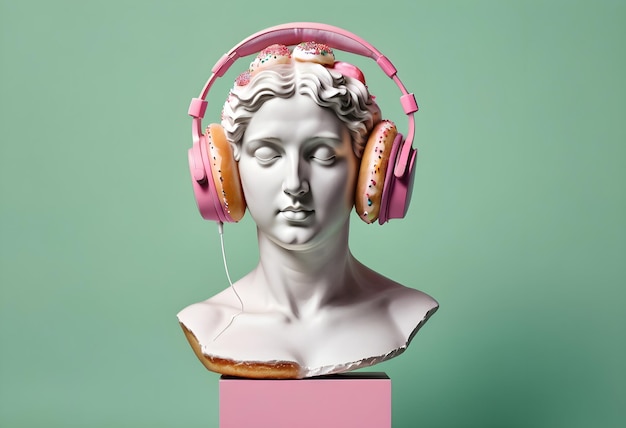 a pink statue with pink headphones on it