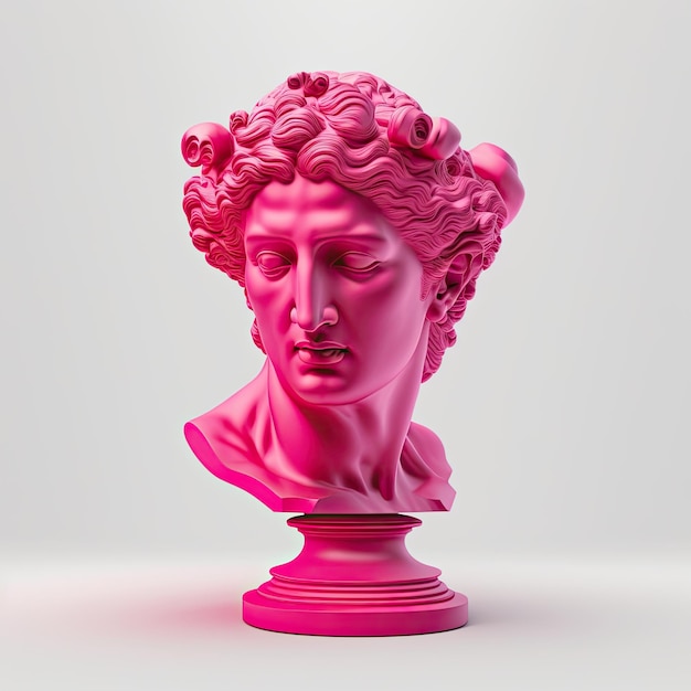 A pink statue of a woman with curly hair and a pink head.