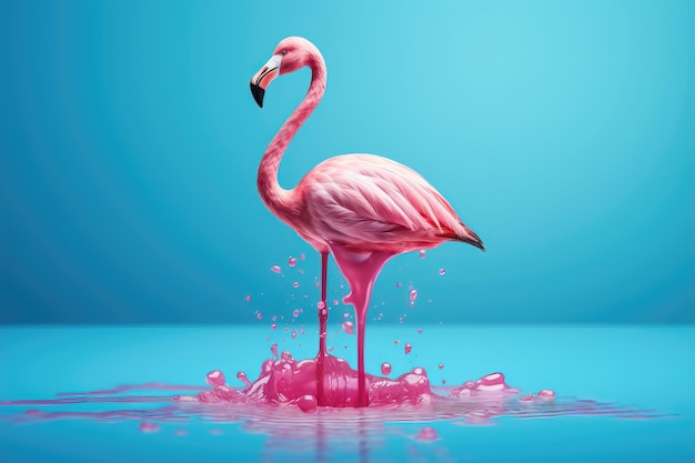 Pink stick ice cream melting with flamingo float on pastel blue background AI generated