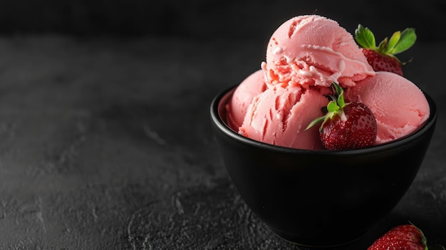 Pink strawberry ice cream in a black bowl