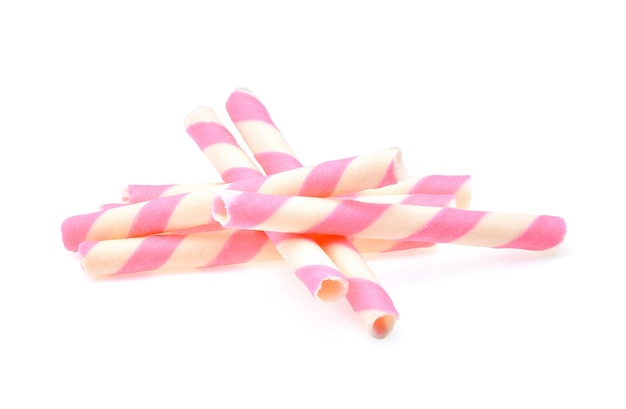 Pink stripe wafer rolls on white Background