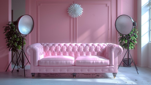 Pink Studio Setup with a Plush Sofa