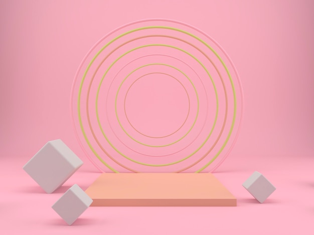 Pink studio with geometric shapes, podium on the floor.