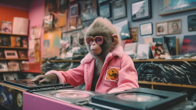 A pink suit wearing monkey sit on music video dvd shop