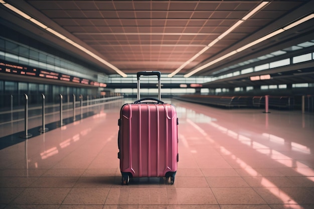 A pink suitcase in an airport with the word airport on the front.