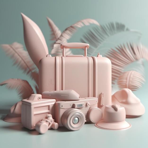 A pink suitcase and hat are on a blue background with feathers.