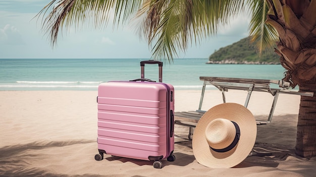 A pink suitcase sits on a beach next to a palm tree