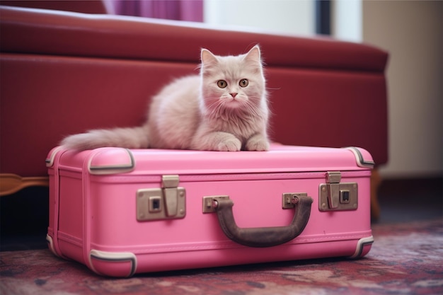 A pink suitcase with a cartoon cat sitting in it