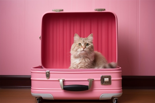 A pink suitcase with a cartoon cat sitting in it