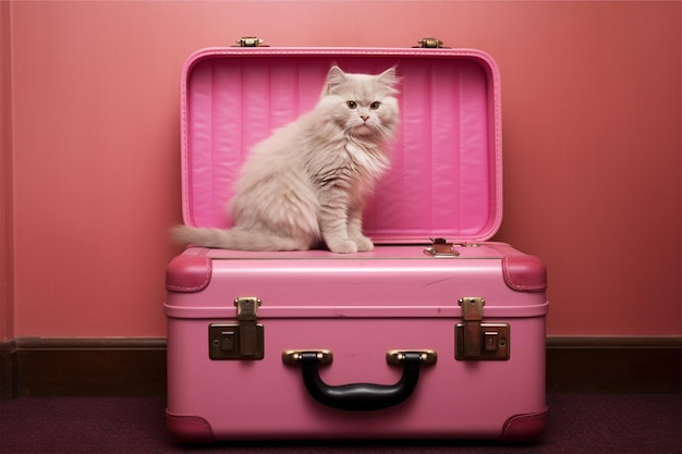 A pink suitcase with a cartoon cat sitting in it