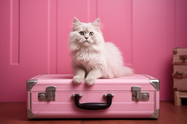 A pink suitcase with a cartoon cat sitting in it