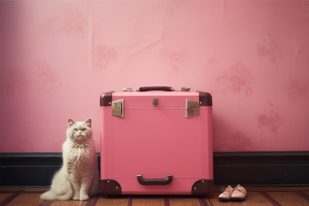 A pink suitcase with a cartoon cat sitting in it