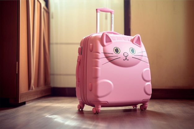 A pink suitcase with a cartoon cat sitting in it