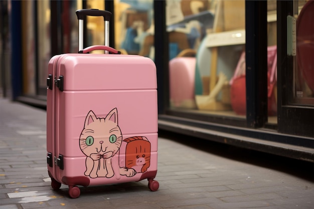 A pink suitcase with a cartoon cat sitting in it