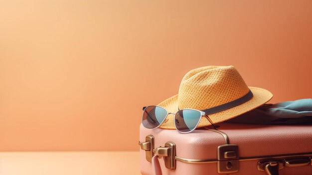 A pink suitcase with a hat and sunglasses on it.