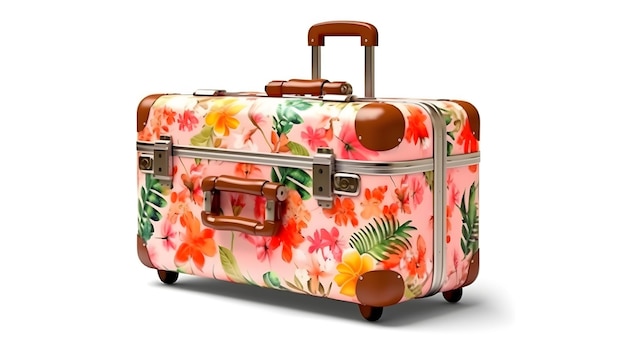 A pink suitcase with a tropical print on it.