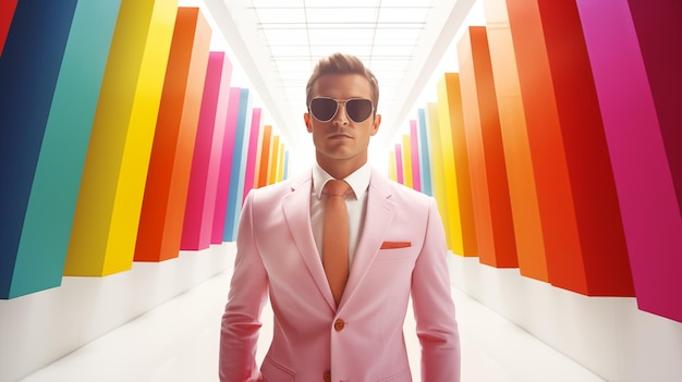 Pink suited CEO exudes confidence leadership in vibrant energetic backdrop