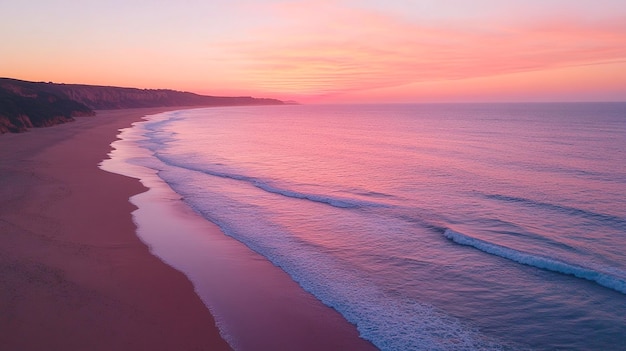 a pink sunset over a beach with a pink sunset