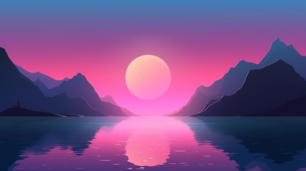 A pink sunset over a lake with mountains and a sun