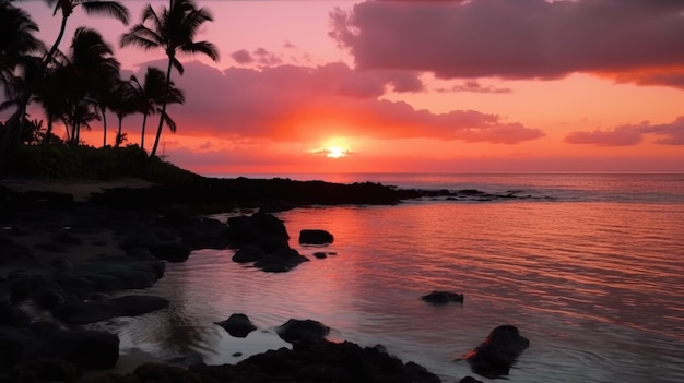 A pink sunset over the ocean with palm trees in the foreground.