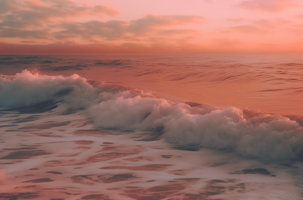 A pink sunset over the ocean with a pink sky and a large wave in the foreground