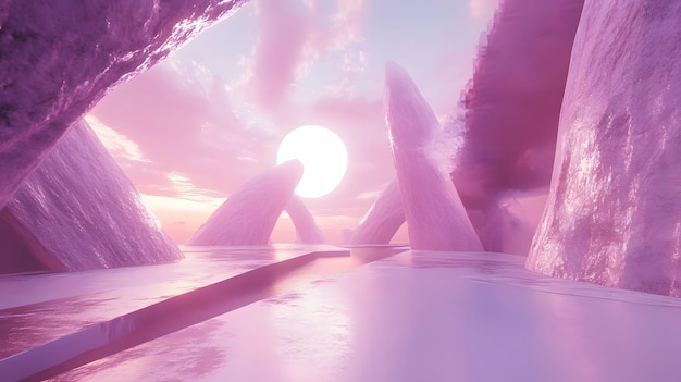 Photo a pink sunset with icebergs in the water