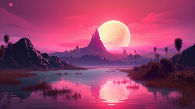 A pink sunset with a mountain in the background