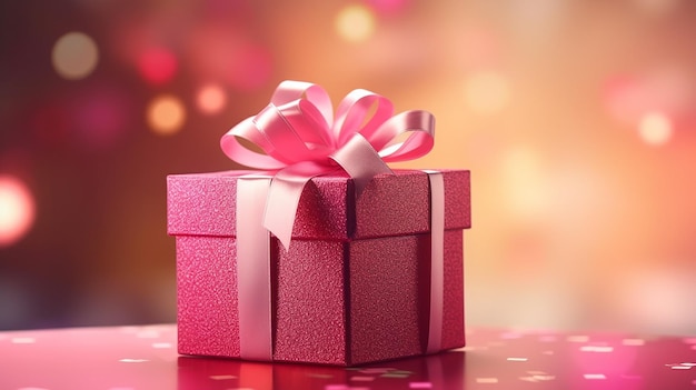 Pink surprise gift box with bow on bokeh background