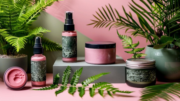 Pink table covered in green plants