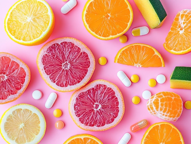 Photo a pink table with different types of food including oranges grapefruit and oranges