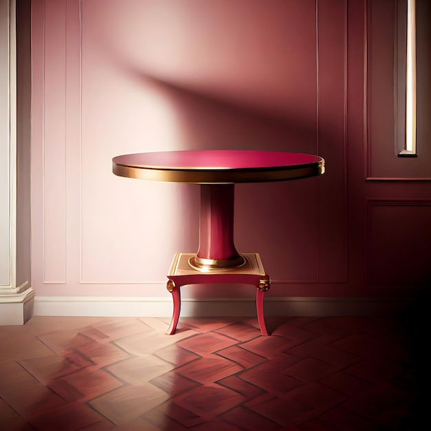 A pink table with a gold top sits in front of a pink wall.