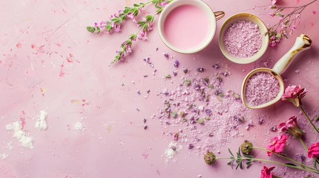 a pink table with purple flowers and a pot of lavender on it