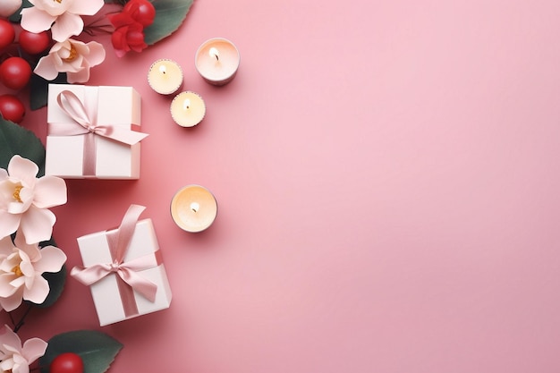 a pink table with three white candles and a pink ribbon with a bow on it