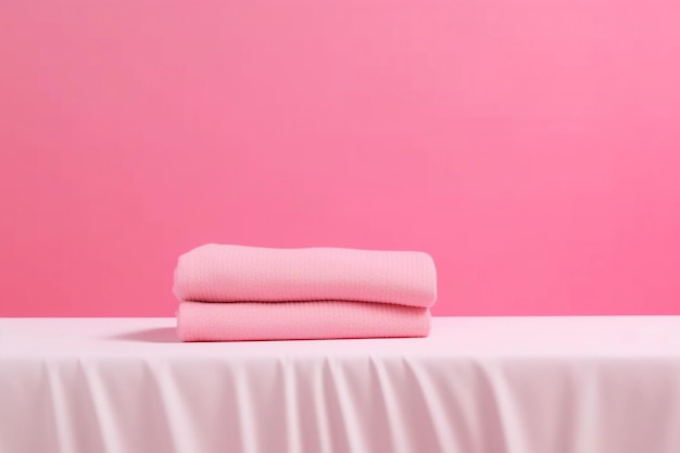 A pink table with two folded towels on it