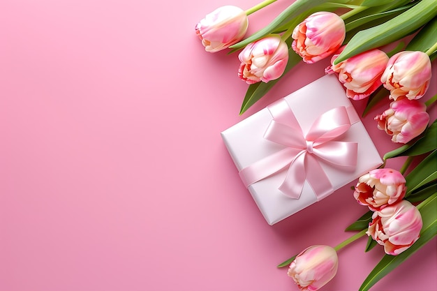 Pink Table with White Pink Gift and Tulips