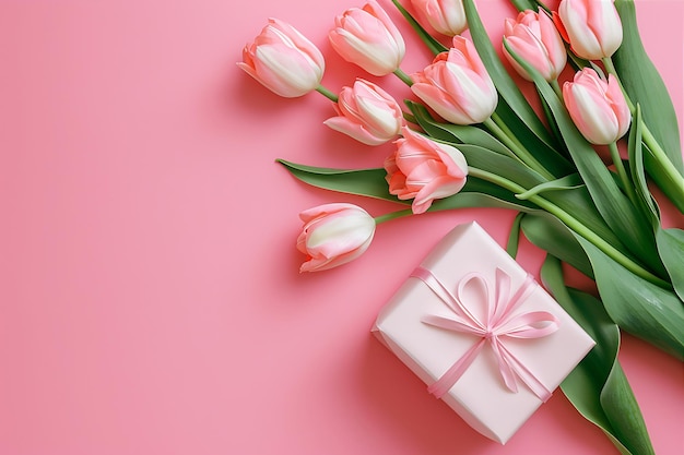 Pink Table with White Pink Gift and Tulips